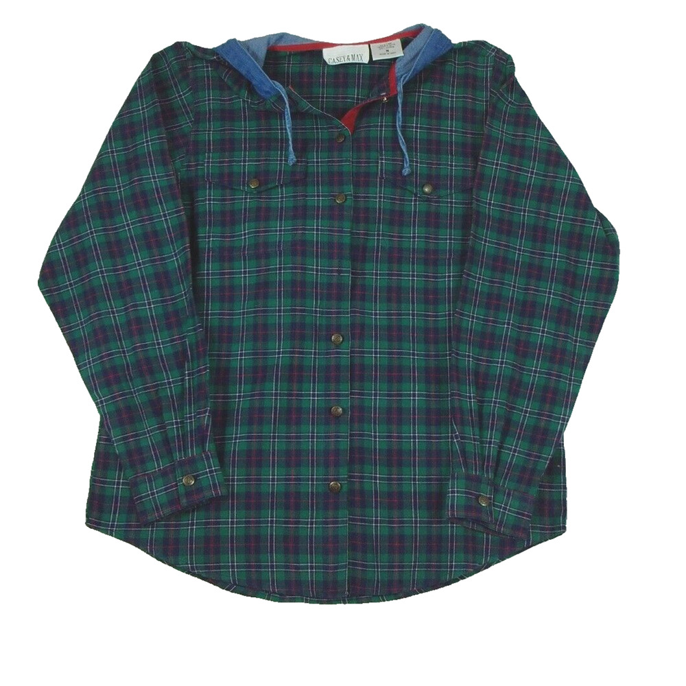 Casey & Max Hooded Plaid Long Sleeve Top Size Medium Button up‎ Denim